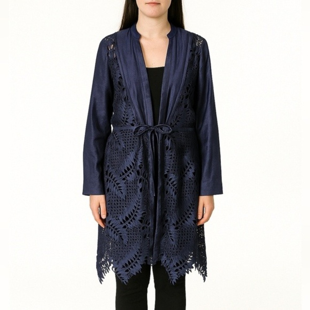 ZARA Linen & Lace semi‎ sheer tunic top in Navy Blue Resort Wear size XS